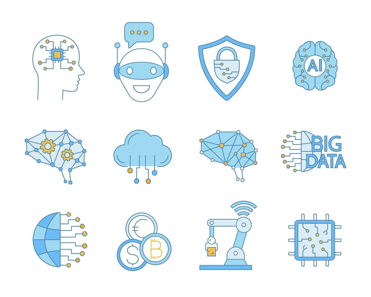 Farbsymbole für künstliche Intelligenz festgelegt. ai. Internet der Dinge. digitales Netzwerk. Neurotechnologie. isolierte Vektorgrafiken vektor