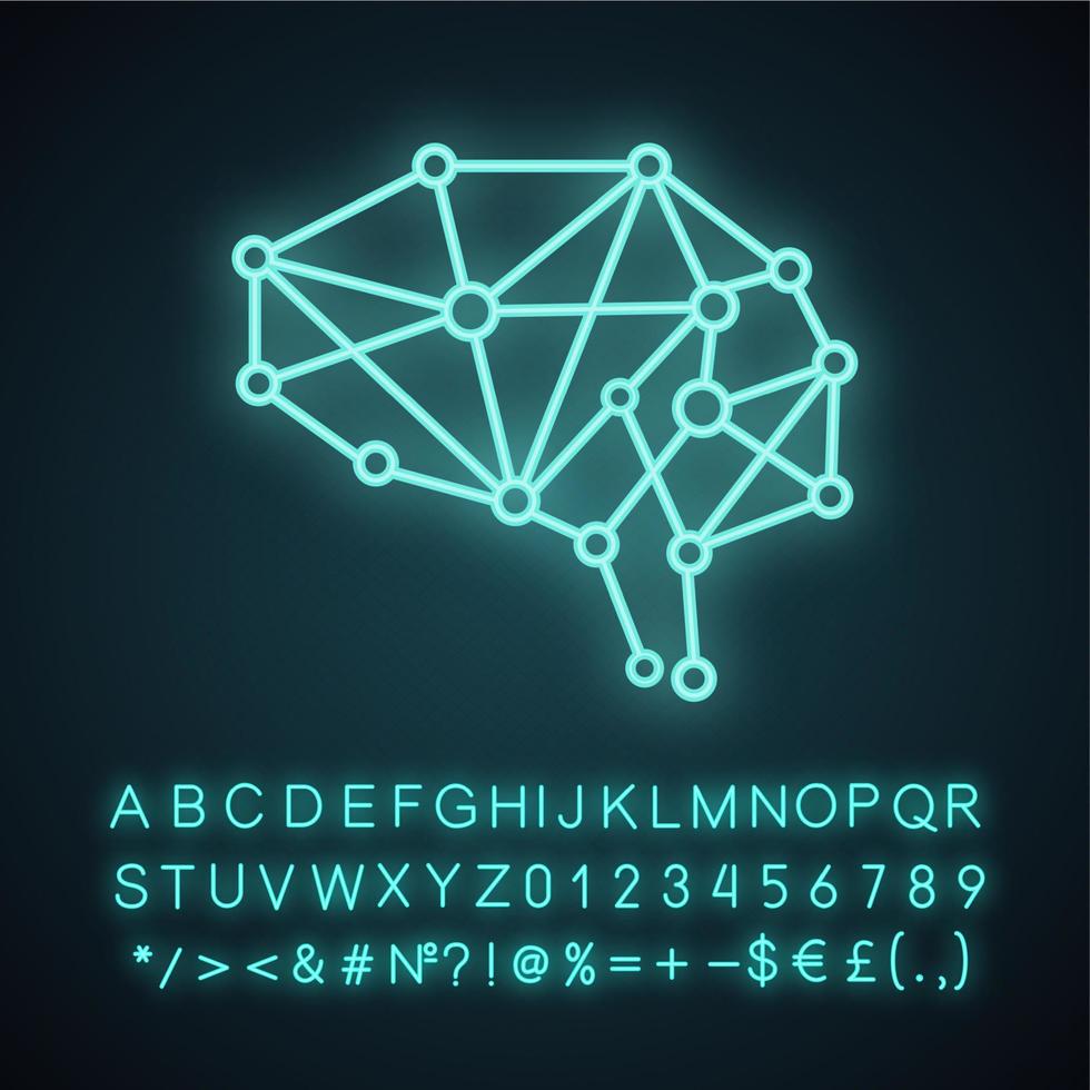 Symbol für Neonlicht mit künstlicher Intelligenz. neurales Netzwerk. digitales Gehirn. Neurotechnologie. leuchtendes zeichen mit alphabet, zahlen und symbolen. vektor isolierte illustration