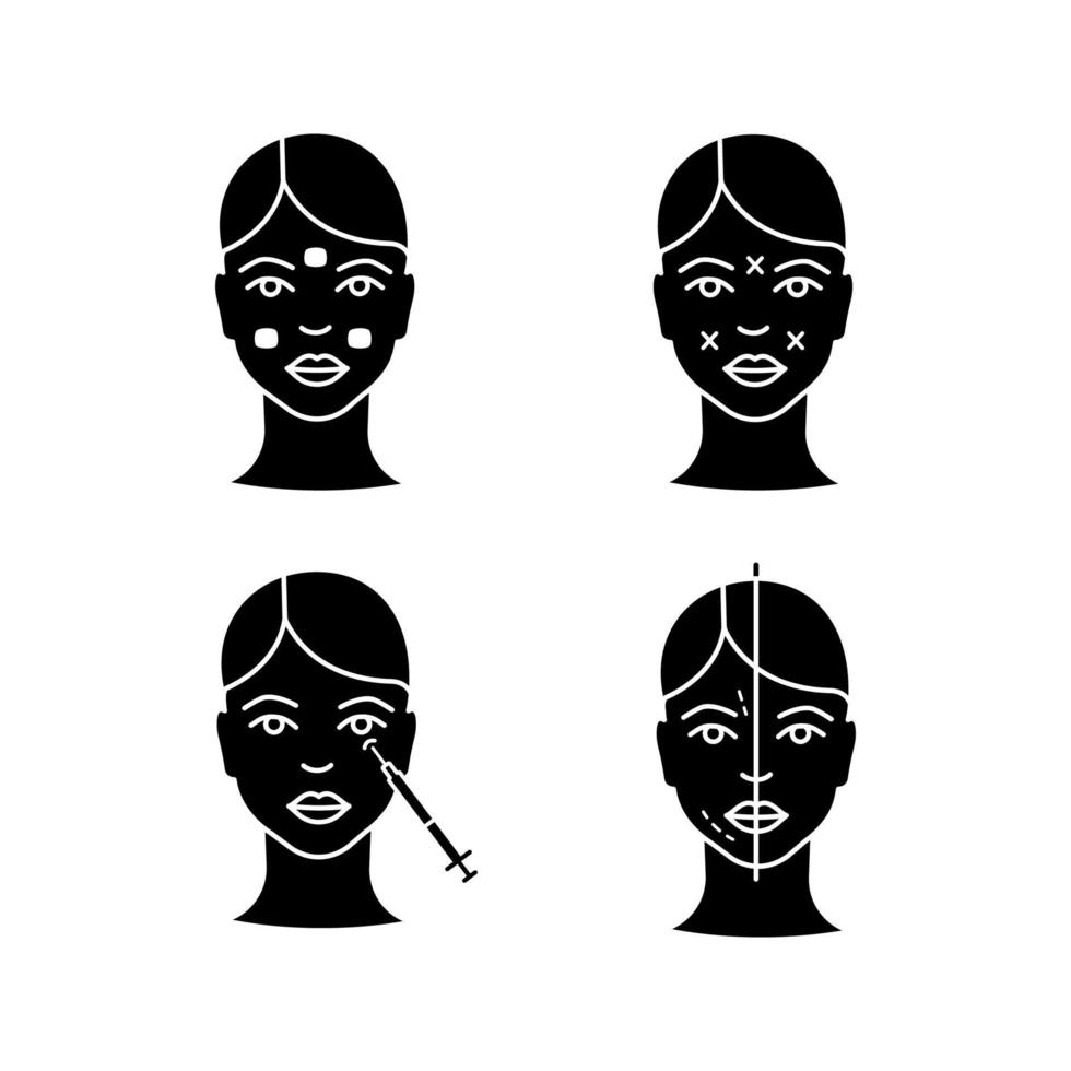 neurotoxin injektion glyf ikoner set. bedövningskräm, ansiktsmarkering, injektion med kråkfötter, ansiktsföryngring. siluett symboler. vektor isolerade illustration
