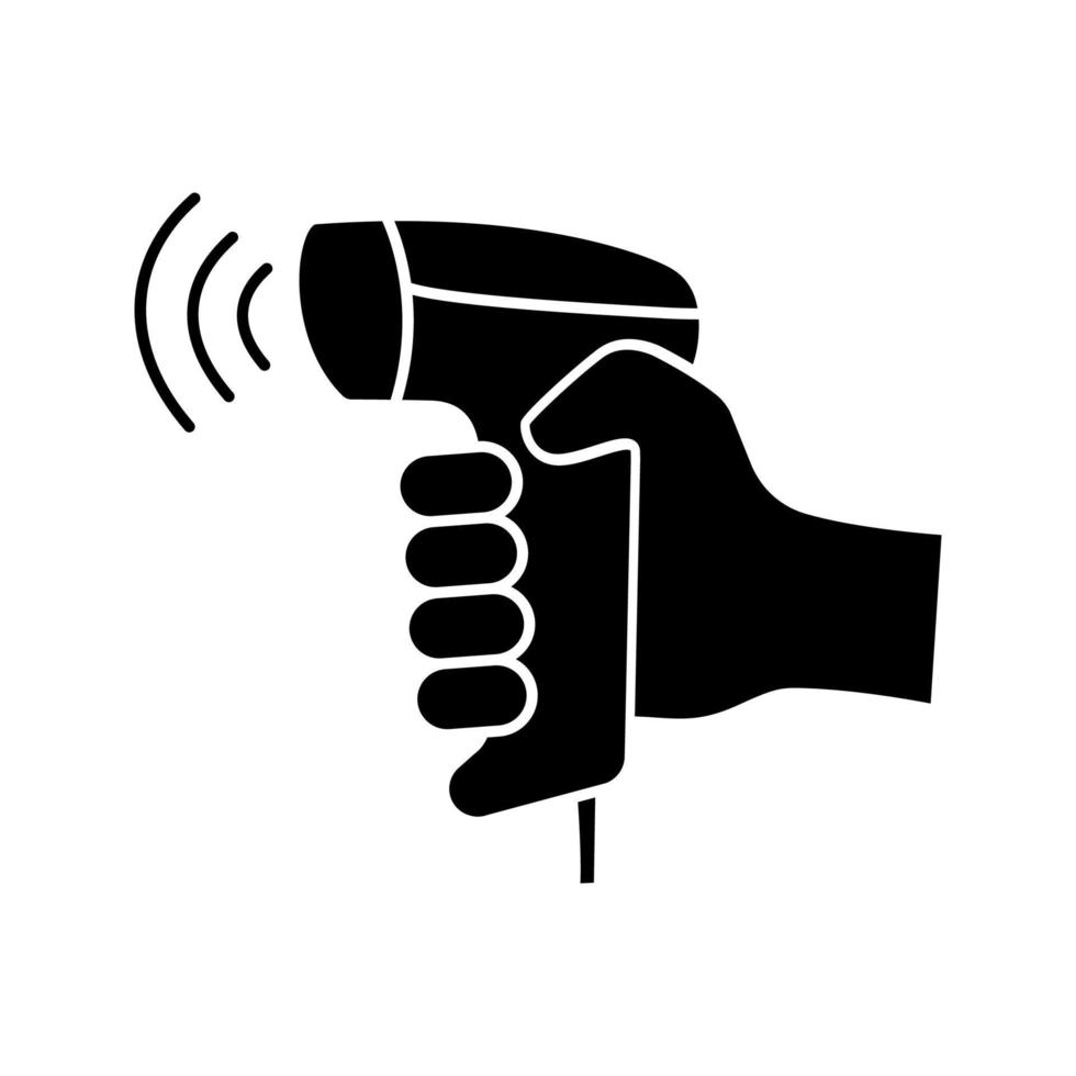 Glyphensymbol für drahtloses Scannen von Barcodes. WLAN-Barcode- und QR-Code-Barcode-Handscanner. die Hand des Kassierers. Hand, die ein Barcode-Lesegerät hält. negativer Raum vektor