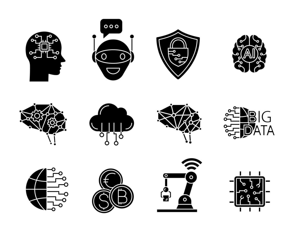 artificiell intelligens glyf ikoner set. siluett symboler. ai. sakers internet. digitala nätverk. neuroteknik. vektor isolerade illustration