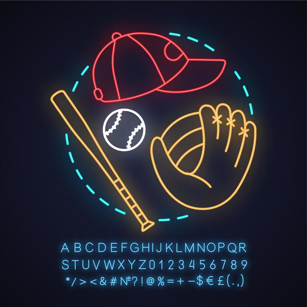 Symbol für das Konzept des Baseball-Neonlichts. Softball-Idee. Mannschaftssport. Baseballschläger, Ball, Handschuh, Mütze. leuchtendes zeichen mit alphabet, zahlen und symbolen. vektor isolierte illustration