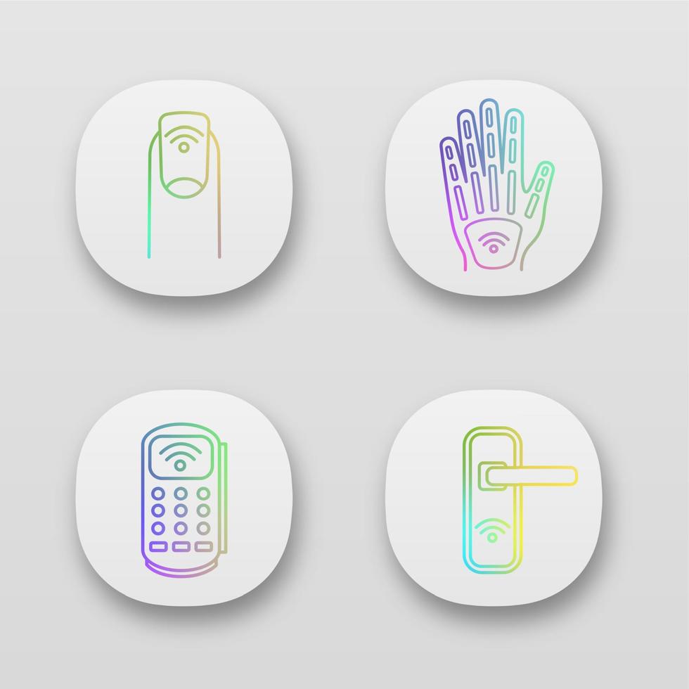 nfc technology app ikoner set. nära fält manikyr, handimplantat, pos terminal, dörrlås. ui ux användargränssnitt. webb- eller mobilapplikationer. vektor isolerade illustrationer