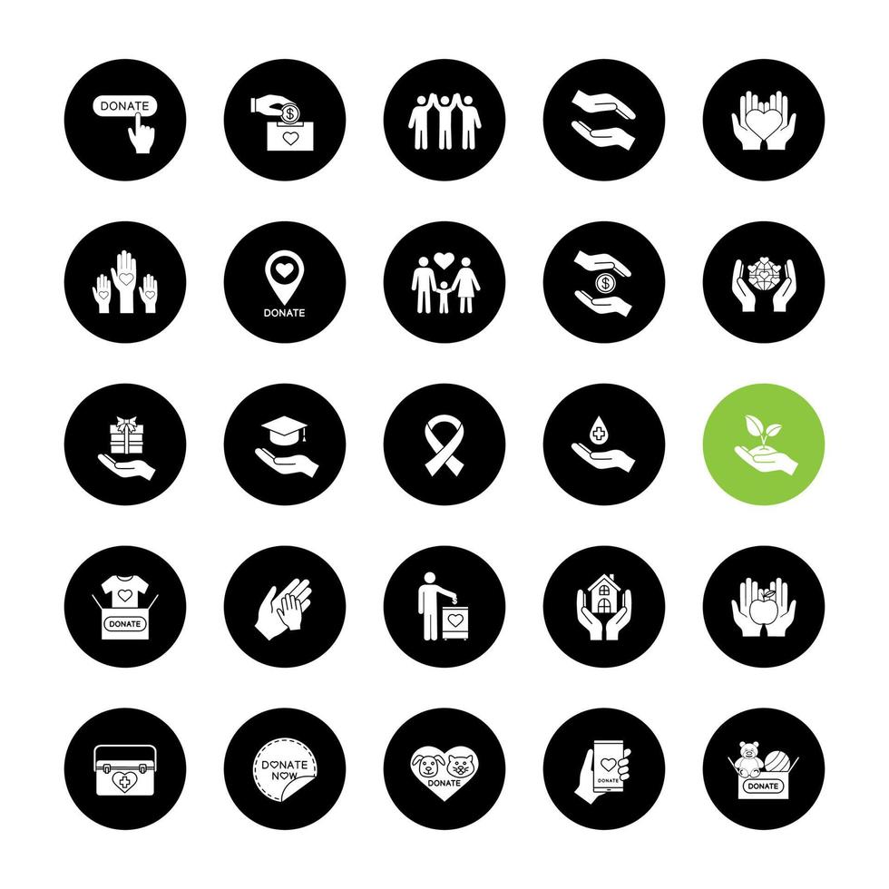 välgörenhet glyf ikoner set. donation. insamling, hjälpande händer, volontärarbete, humanitär hjälp. vektor vita silhuetter illustrationer i svarta cirklar