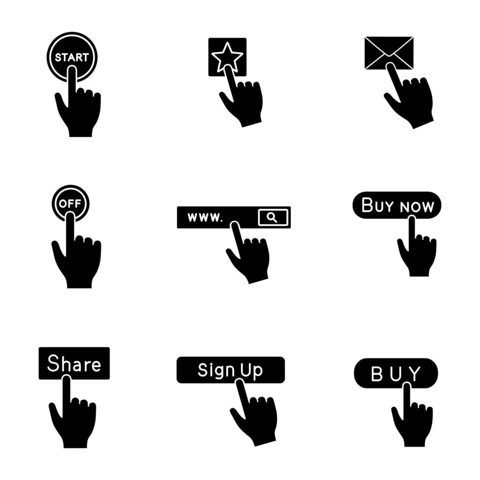 app knappar glyfikoner set. klick. starta, lägg till i favorit, meddelande, stäng av, sökfält, köp nu, dela, registrera dig. siluett symboler. vektor isolerade illustration