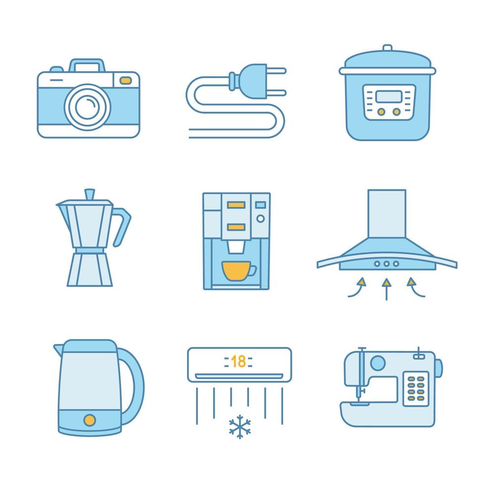 Farbsymbole für Haushaltsgeräte festgelegt. Fotokamera, Kabelstecker, Multikocher, Kaffeemaschine, Dunstabzugshaube, Wasserkocher, Kaffeemaschine, Klimaanlage, Nähmaschine. isolierte vektorillustrationen vektor