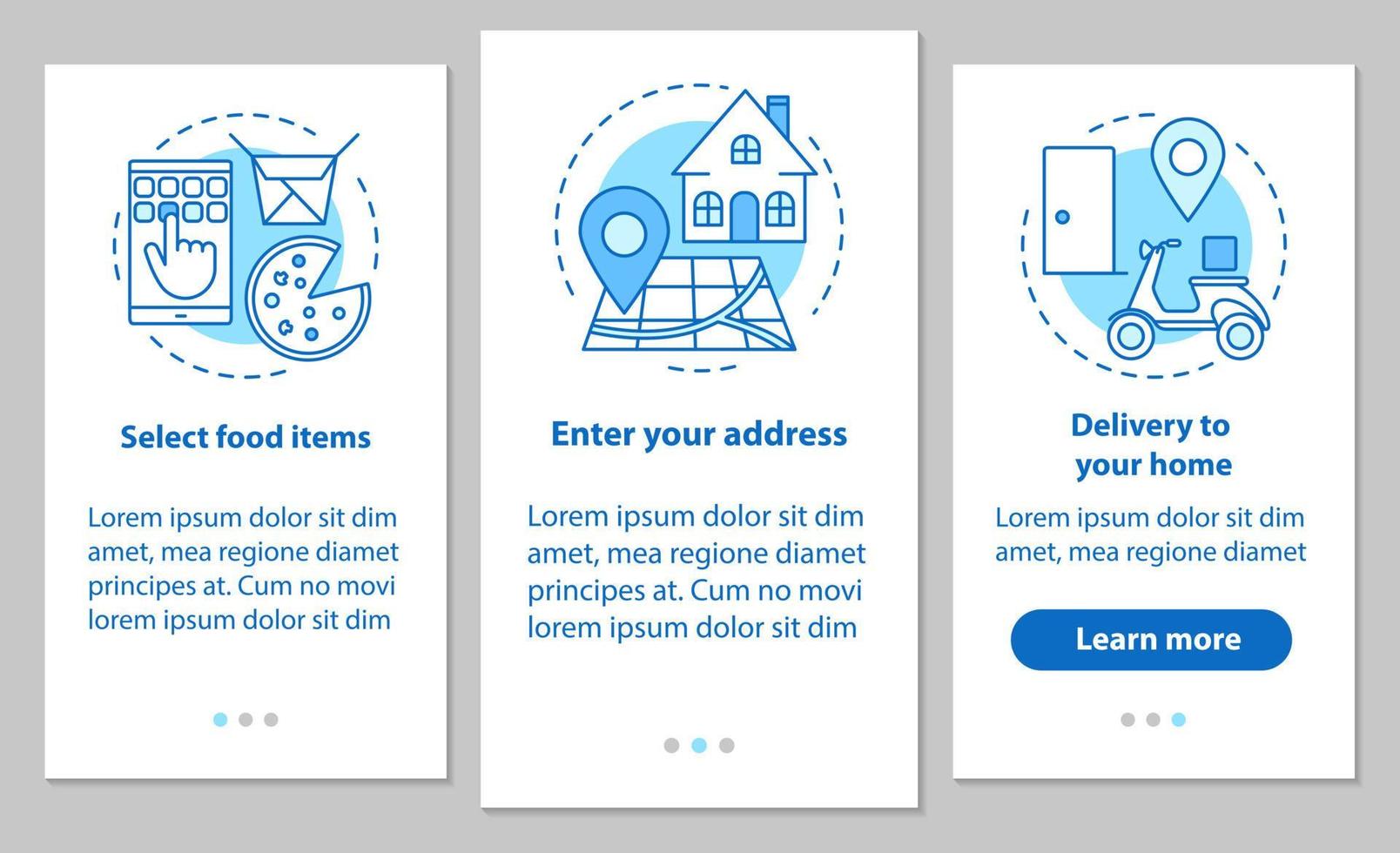 matleverans onboarding mobil app sidskärm med linjära koncept. steg instruktioner. måltidsbeställning online. välja artiklar, ställa in adress, hemleverans. ux, ui, gui vektorillustrationer vektor