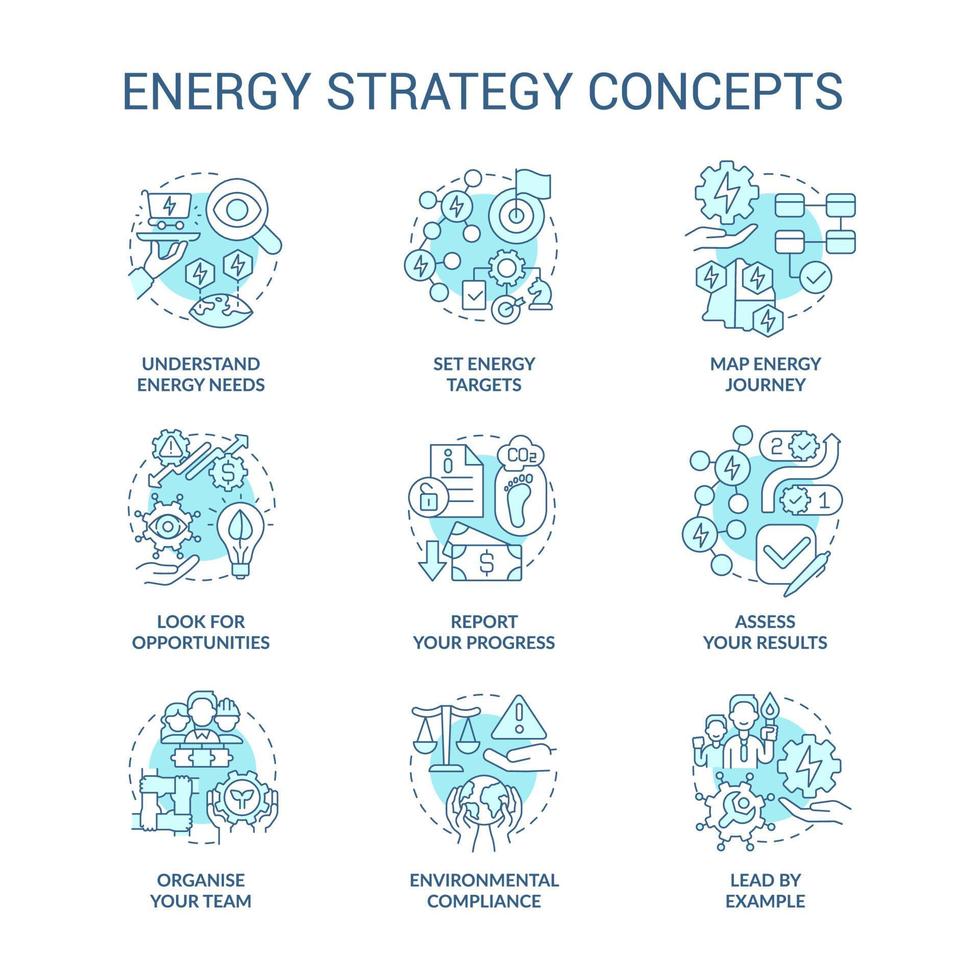 Energiestrategie türkisfarbene Konzeptsymbole gesetzt. Verwaltung des Energieverbrauchs Idee dünne Linienabbildungen. isolierte Symbole. editierbarer Strich. vektor