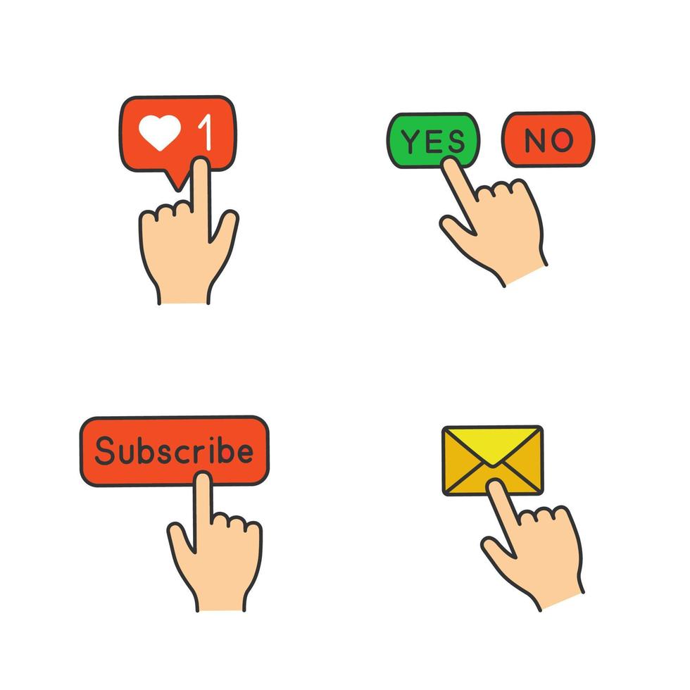 Farbsymbole für App-Schaltflächen festgelegt. klicken. Likes-Zähler, Ja oder Nein, Abonnieren, Nachrichtenbenachrichtigung. isolierte Vektorgrafiken vektor
