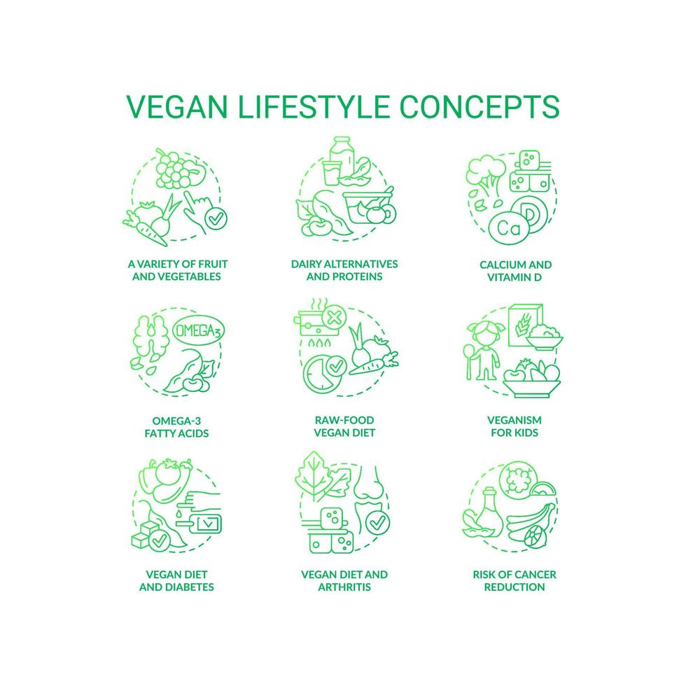 vegan livsstil grön gradient koncept ikoner set. växtbaserad näring. avstå djur produkt idé tunn linje färg illustrationer. isolerade symboler. vektor
