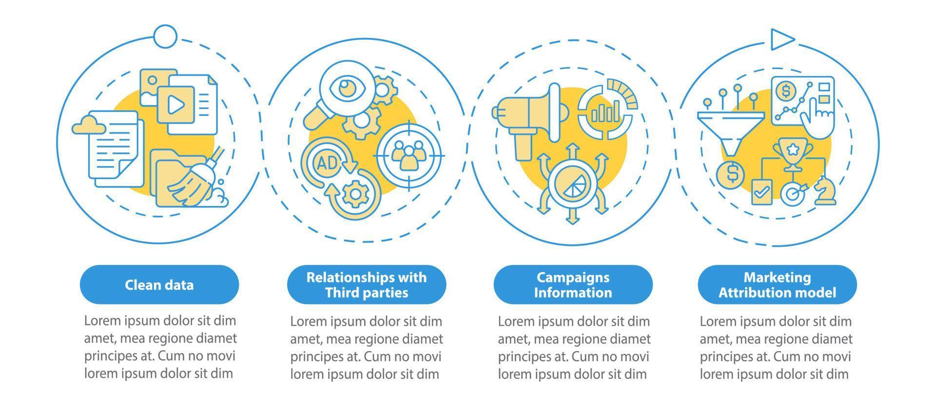 digital marknadsföring plattform alternativ blå cirkel infographic mall. datavisualisering med 4 steg. process tidslinje info diagram. arbetsflödeslayout med linjeikoner vektor