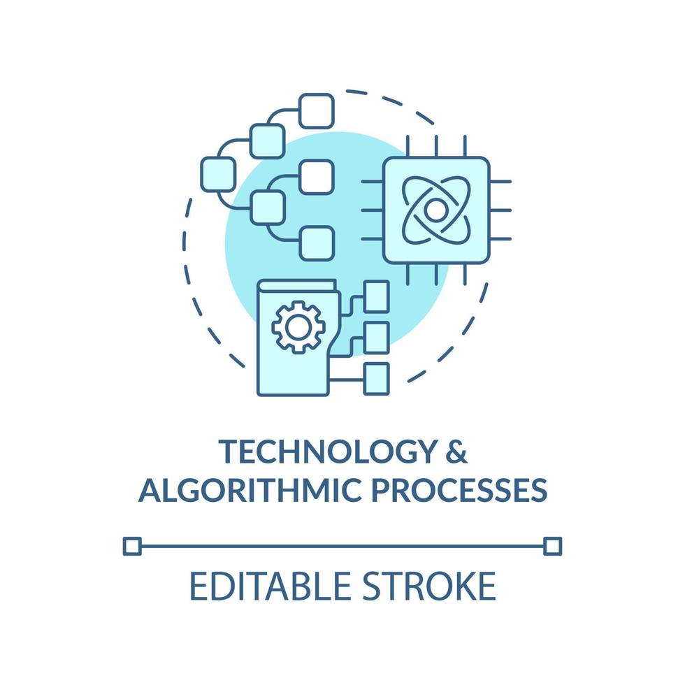 teknik och algoritmiska processer turkos konceptikon. info system interaktion abstrakt idé tunn linje illustration. isolerade konturritning. redigerbar linje. vektor