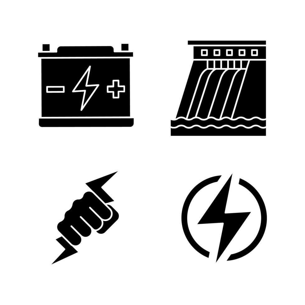 Glyphensymbole für elektrische Energie gesetzt. Akkumulator, Wasserkraftwerk, Energiefaust, Blitz. Silhouettensymbole. vektor isolierte illustration
