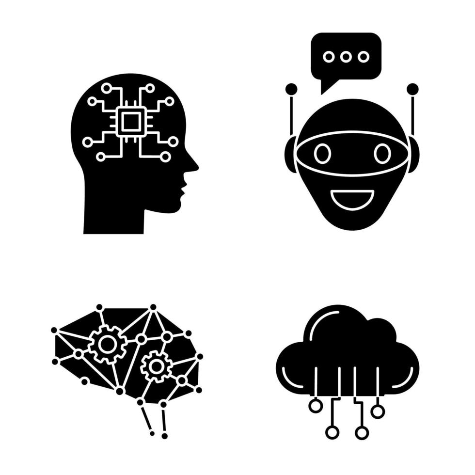 artificiell intelligens glyf ikoner set. siluett symboler. neuroteknik för neurala nätverk. chattbot, ai, digital hjärna, cloud computing. vektor isolerade illustration