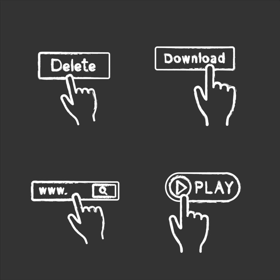 App-Schaltflächen Kreidesymbole gesetzt. klicken. löschen, herunterladen, Suchleiste, spielen. isolierte vektortafelillustrationen vektor