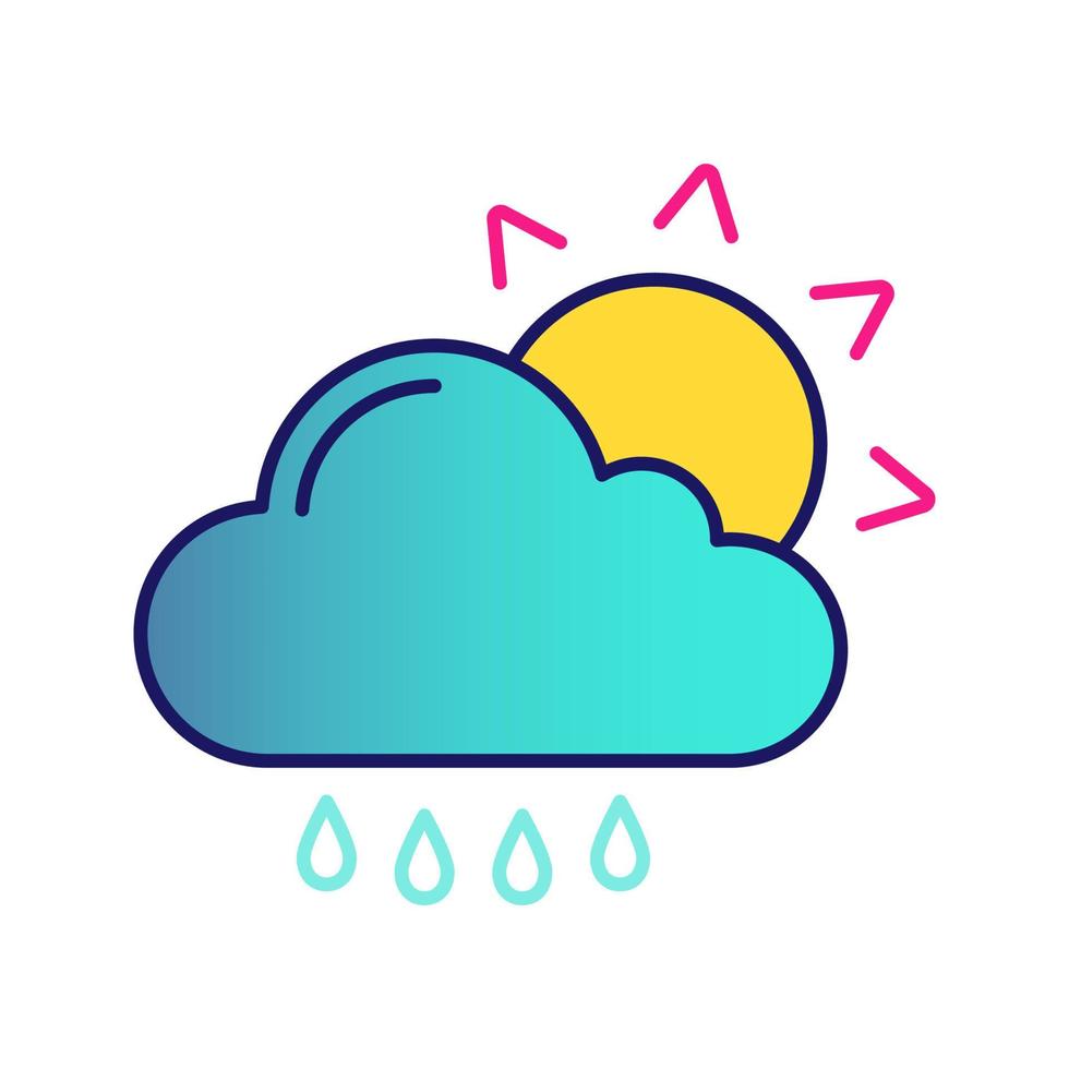 regn med sol färgikonen. soligt och regnigt väder. duggregn. duggregn, spridd skur. moln, sol och regndroppar. väderprognos. isolerade vektor illustration
