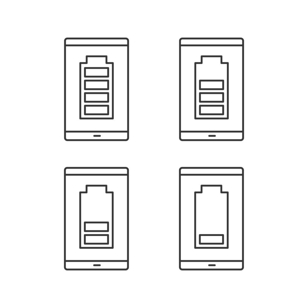 Smartphone-Akku, der lineare Symbole auflädt. Akkustandsanzeige des Handys. mittlere, niedrige und hohe Ladung. dünne Linienkontursymbole. isolierte Vektor-Umriss-Illustrationen. bearbeitbarer Strich vektor