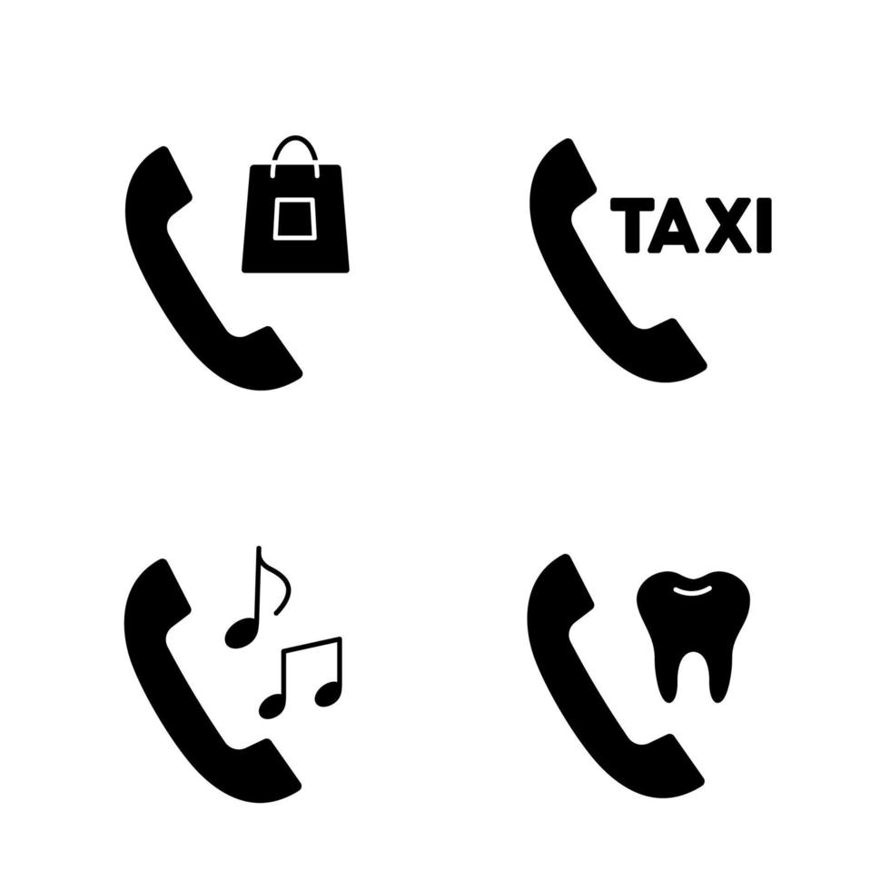 Glyphensymbole für Telefondienste festgelegt. Einkaufen, Taxibestellung, Klingelton, Zahnarzttermin. Silhouettensymbole. vektor isolierte illustration