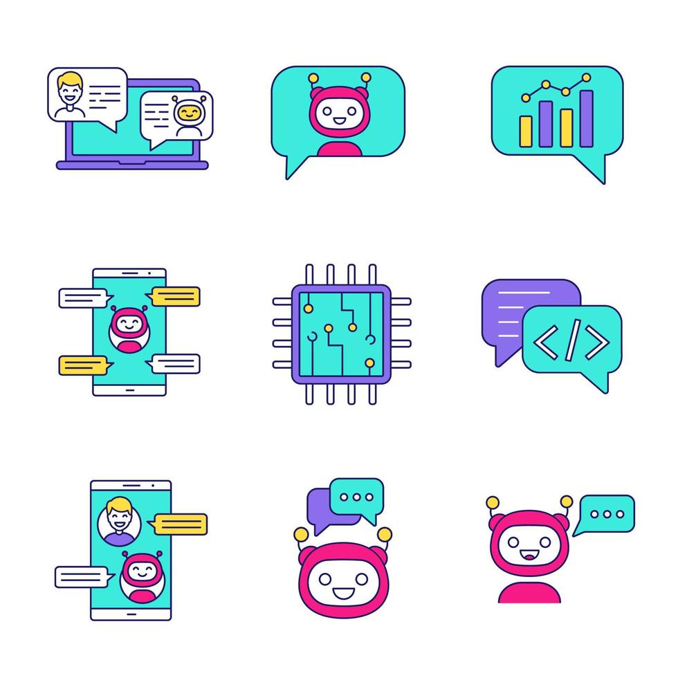 Farbsymbole für Chatbots festgelegt. Talkbots. Support-Service, Chat, Messenger-Bots. moderne Roboter. digitales Gehirn und Prozessor. Chatterbots. isolierte Vektorgrafiken vektor