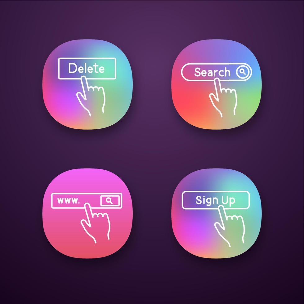 klicka på appikoner. app-knappar. sökfält, ta bort, registrera dig. ui ux användargränssnitt. webb- eller mobilapplikationer. vektor isolerade illustrationer