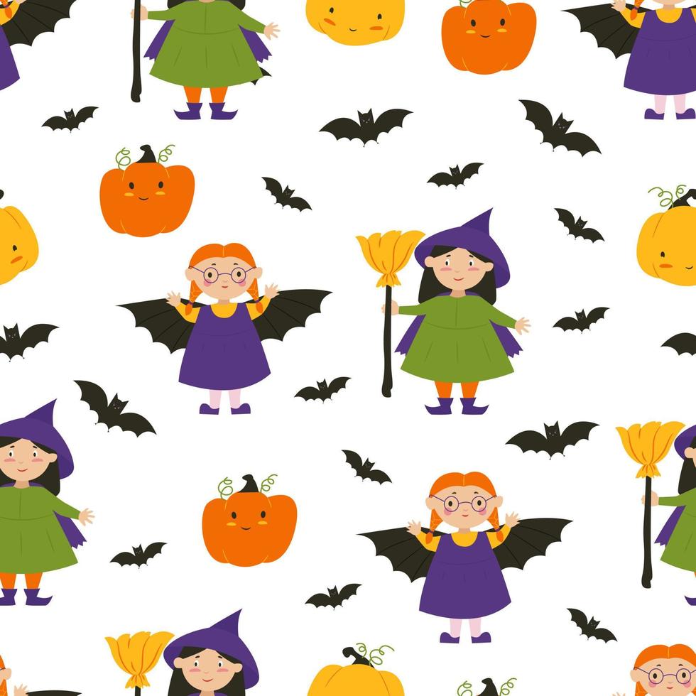 halloween häxor. barn i halloween-kostymer, pumpor och fladdermöss. platt illustration. vektor seamless mönster.