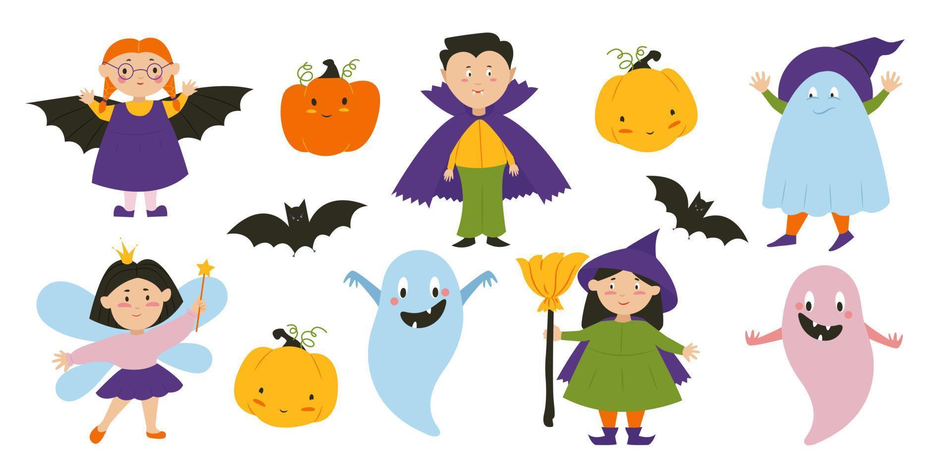 kinder in dracula-, hexen-, fledermaus- und feenkostümen, halloween-party-zeichensatz. Vektor-Illustration vektor