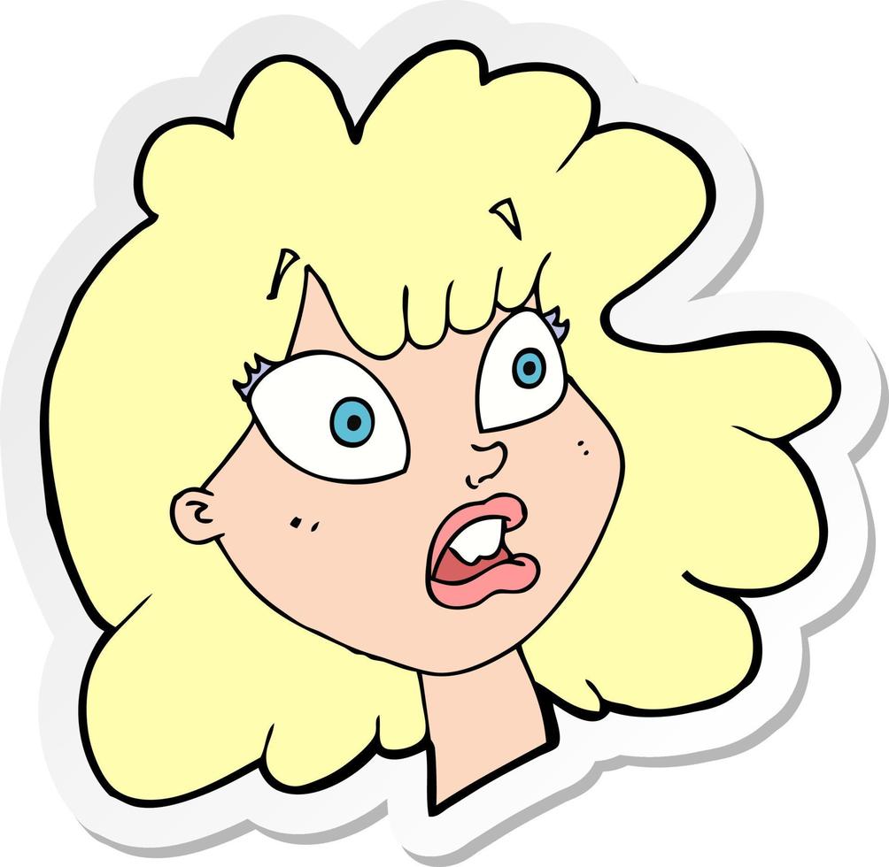 klistermärke av en tecknad chockad kvinnliga ansikte vektor