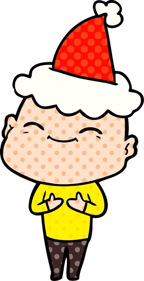 Fröhliche Illustration im Comic-Stil eines glatzköpfigen Mannes mit Weihnachtsmütze vektor