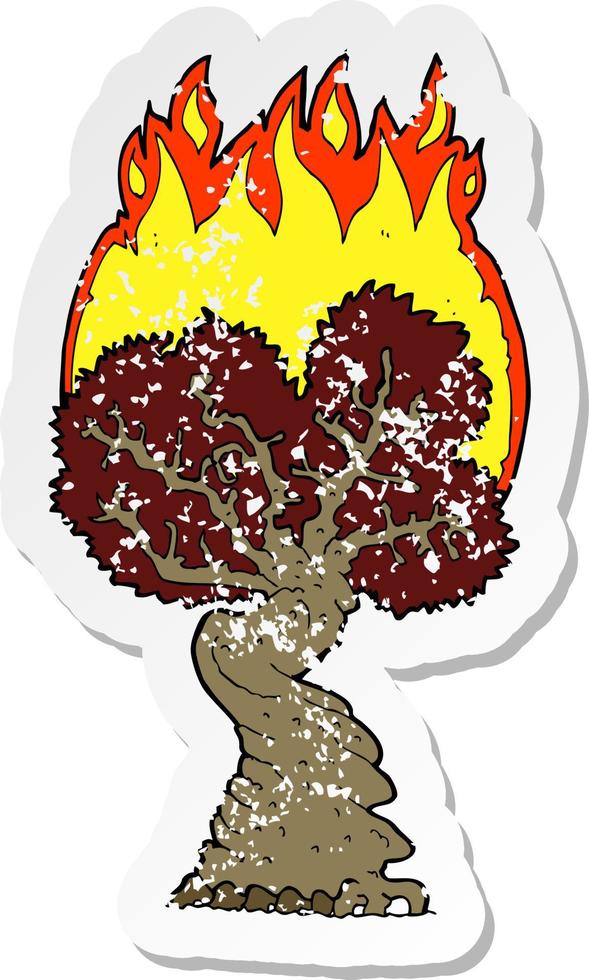 retro nödställd klistermärke av ett tecknat brinnande träd vektor