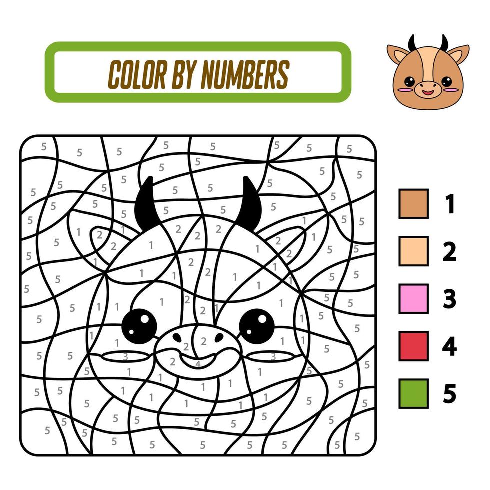 pedagogisk målarbok efter siffror för förskolebarn. söt tecknad ko. pedagogisk målarbok med djur. ett träningskort med uppgift för förskole- och dagisbarn. vektor
