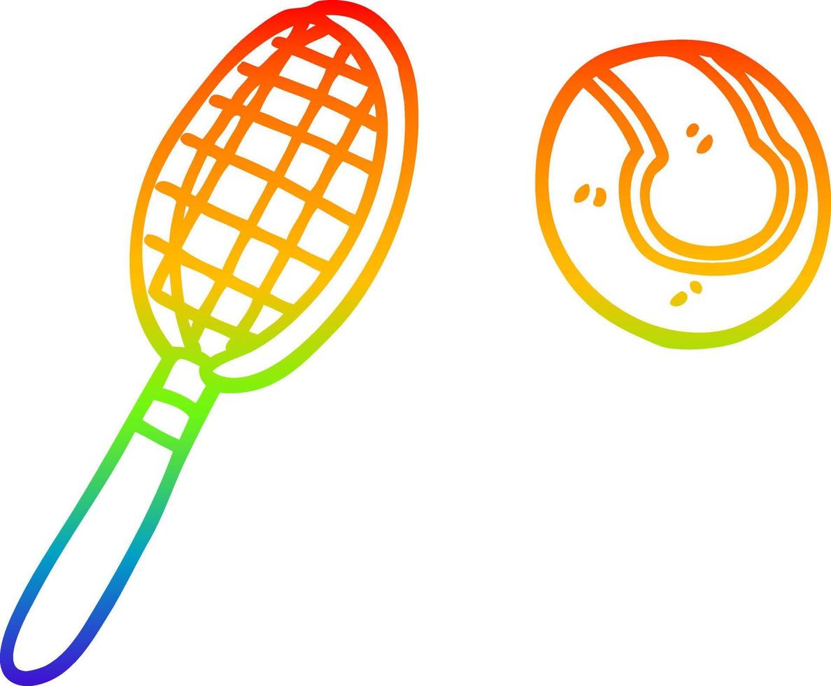 Regenbogen-Gradientenlinie Zeichnung Cartoon-Tennisschläger und Ball vektor