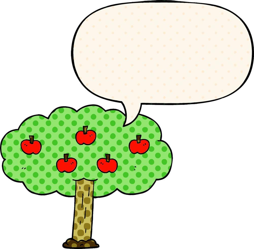 Cartoon-Apfelbaum und Sprechblase im Comic-Stil vektor