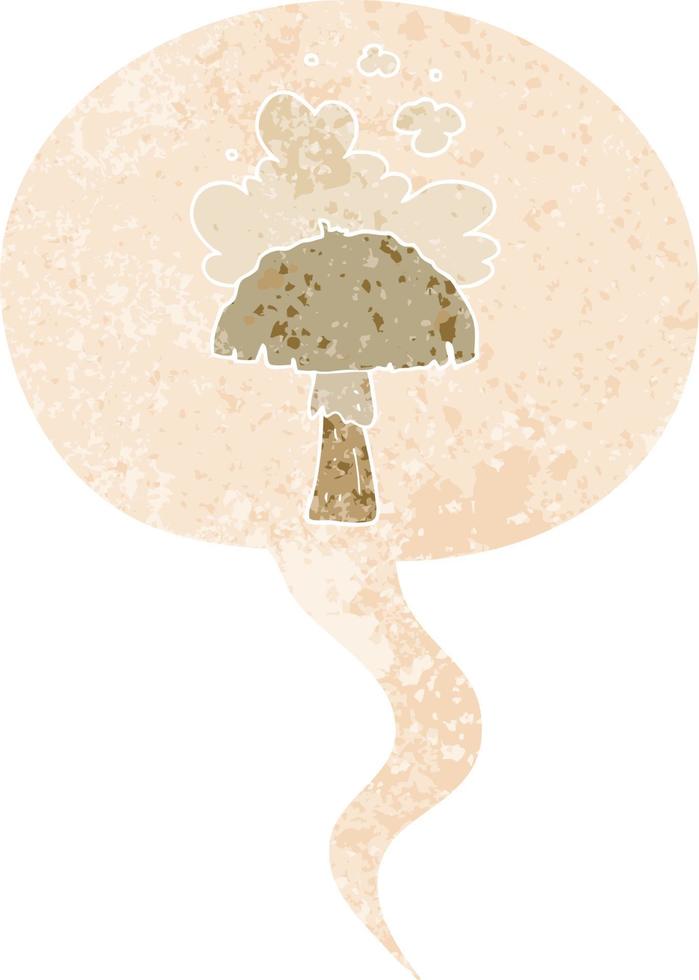 tecknad svamp med spormoln och pratbubbla i retro texturerad stil vektor