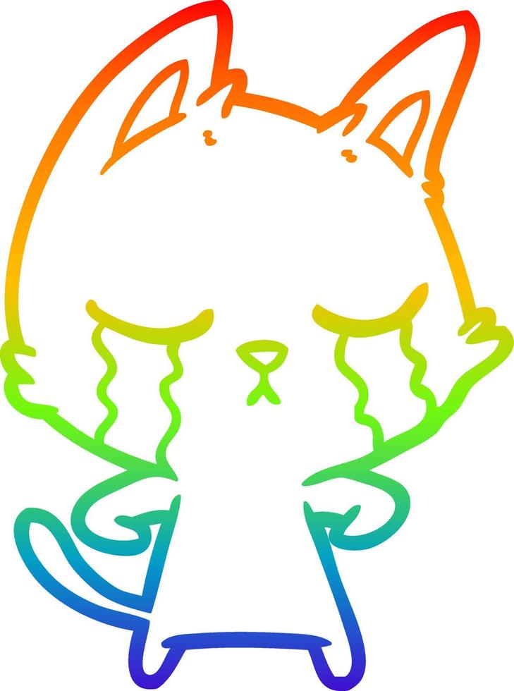 regnbågsgradient linjeteckning gråtande tecknad katt vektor