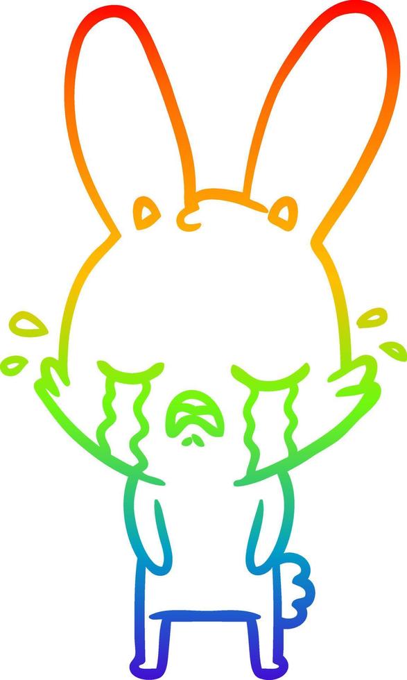 rainbow gradient linjeteckning söt tecknad kanin gråter vektor