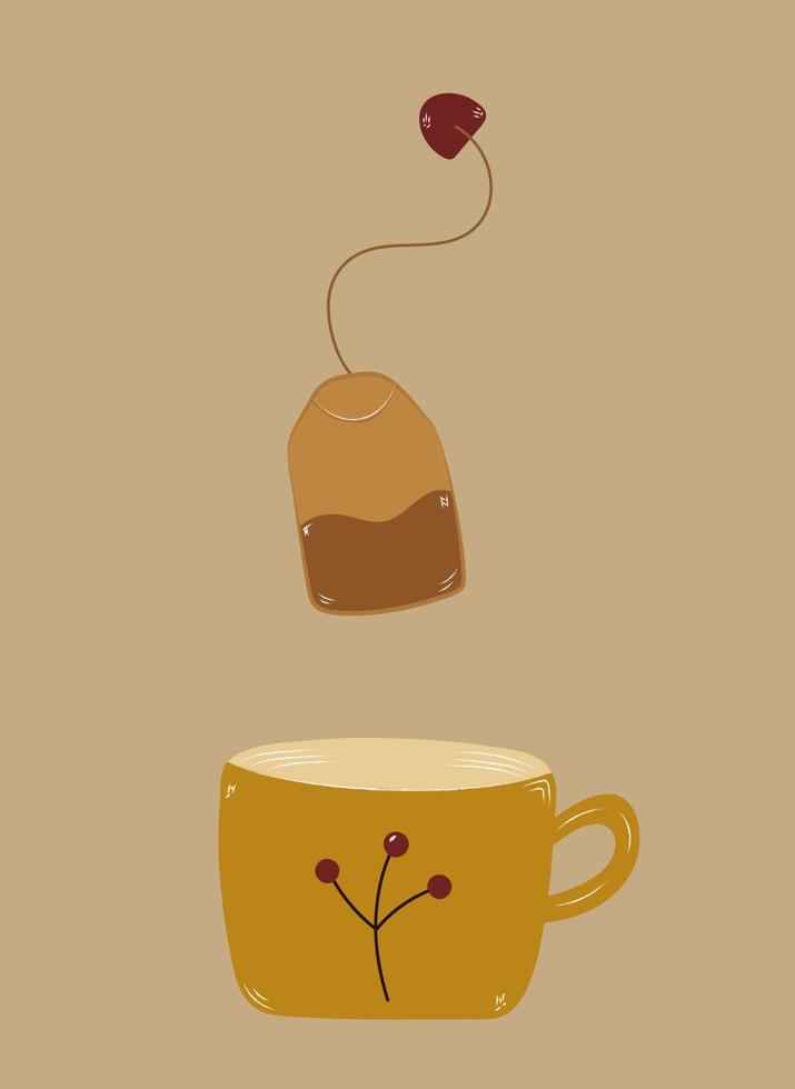 handritad mugg med tepåse. vektor doodle illustration av varm dryck. mysig höst illustration, affisch