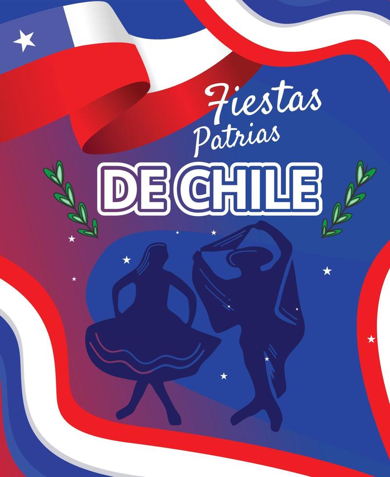 plakatschablonenillustration von tanzenden silhouettenleuten, die für das happy patrias unabhängigkeitsereignis in chile tanzen vektor