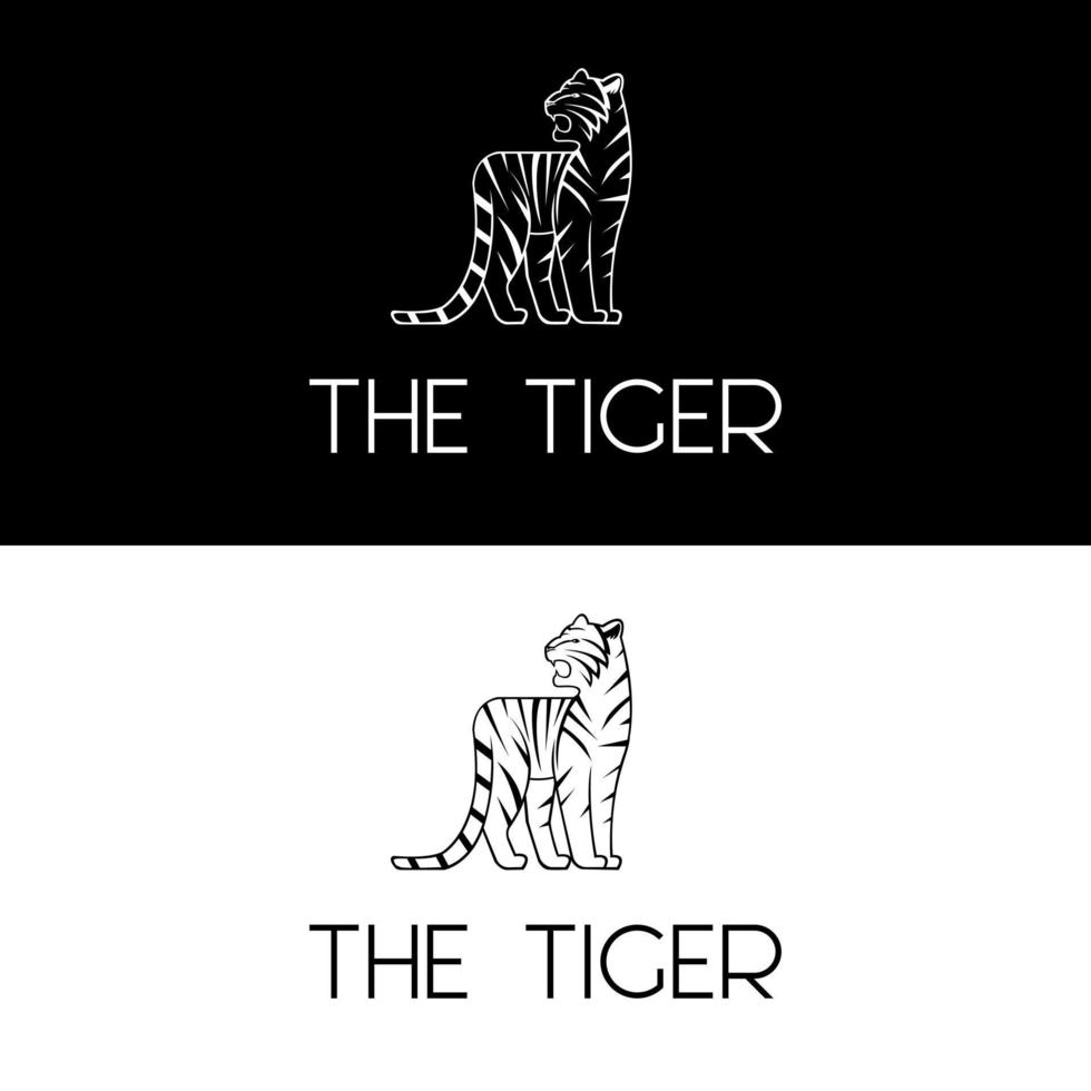 schöner weißer Tiger, der in stehender Position zeichnet und nach einer einfachen, niedlichen, minimalistischen Logo-Design-Ikone zurückblickt vektor