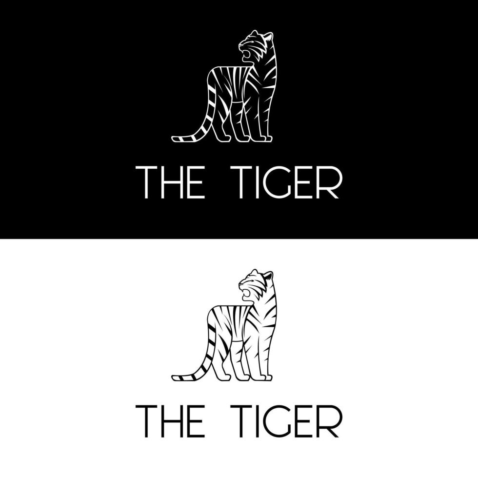 vacker vit tigerteckning i stående position och ser tillbaka på en enkel söt minimalistisk logotypdesignikon vektor