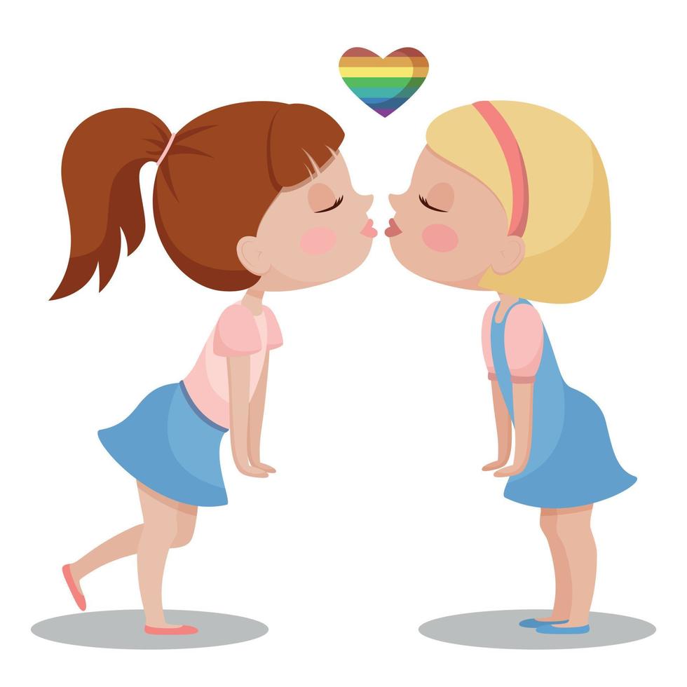 två flickor som kysser. alla hjärtans dag. lesbiska, hbt. platta tecknade figurer illustration. vektor