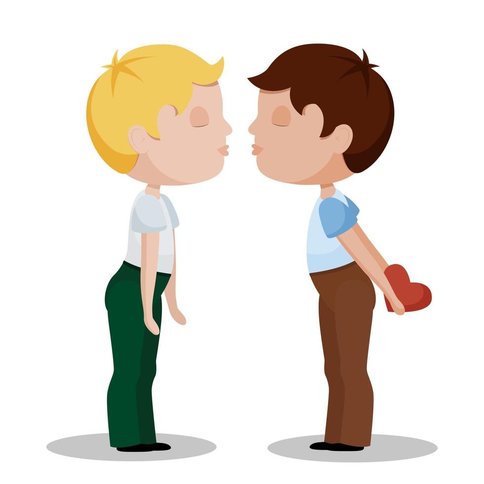 två pojkar som kysser. alla hjärtans dag. homosexuella par, hbt. platta tecknade figurer illustration. vektor