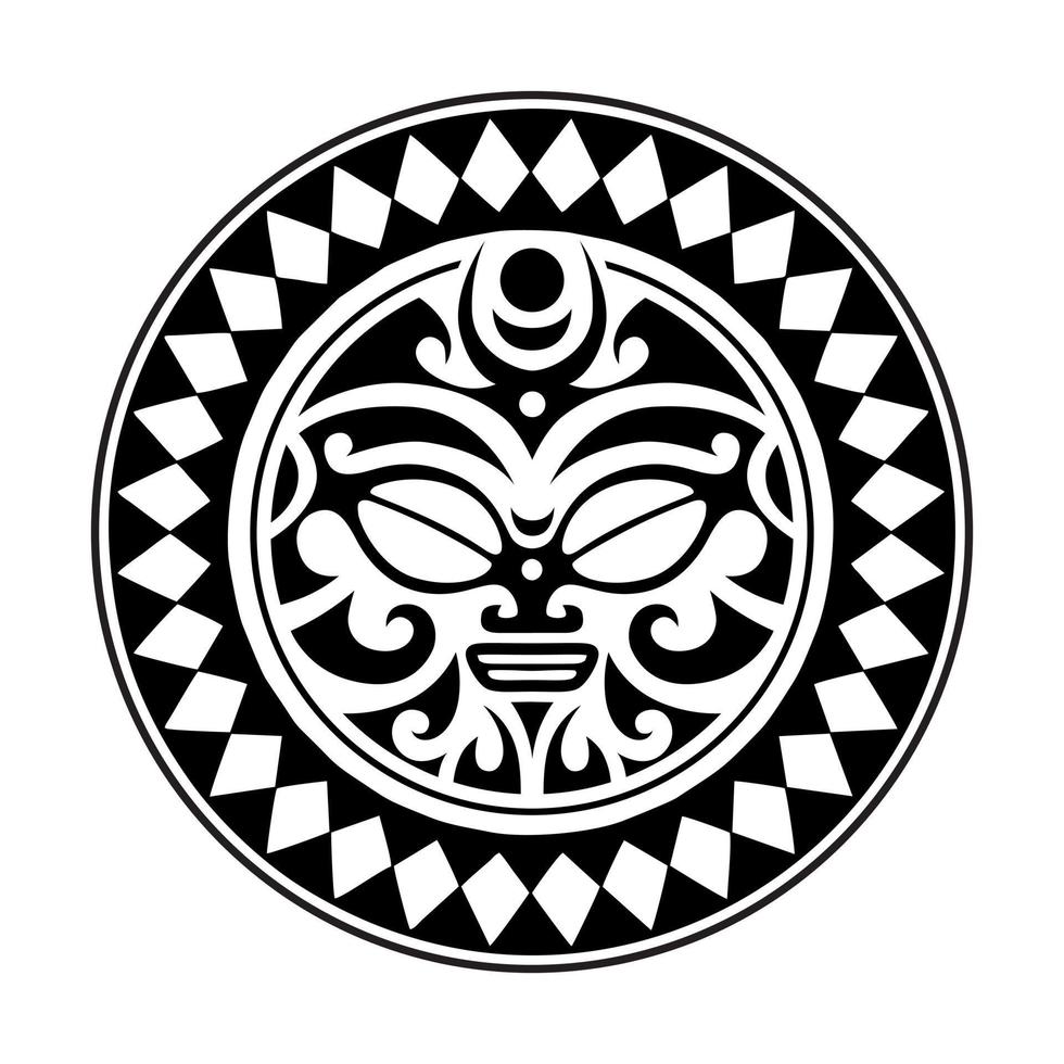 rund tatuering prydnad med solen ansikte maori stil. afrikansk, aztekisk eller maya etnisk mask. vektor