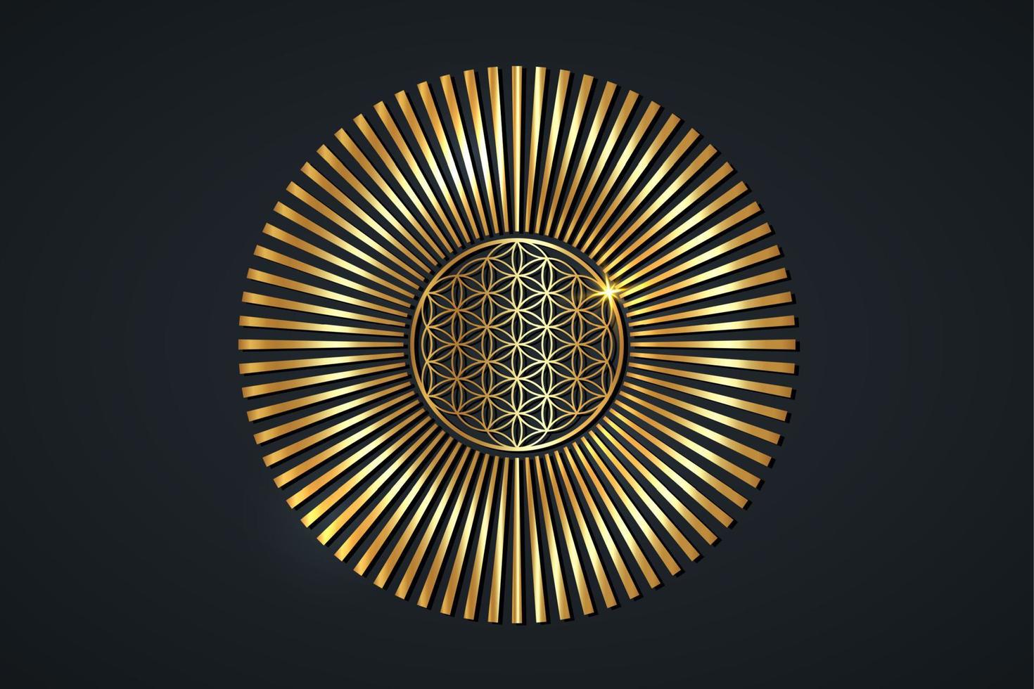 Blume des Lebens, goldenes spirituelles Mandala, heilige Geometrie. helle goldene strahlende strahlen symbol für harmonie und gleichgewicht. mystischer Talisman, luxuriöser runder Vektor einzeln auf schwarzem Hintergrund