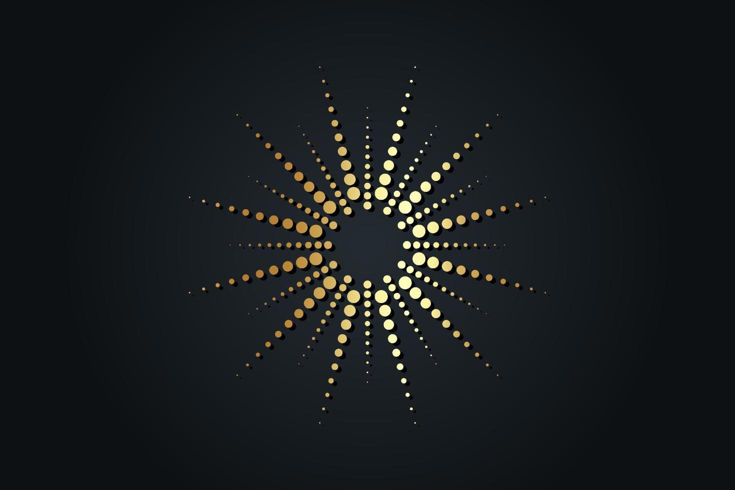 guldprickade solstrålar. gyllene sunburst bakgrund, logotyp design, glänsande halvtonseffekt, vektorillustration isolerad på svart mall vektor