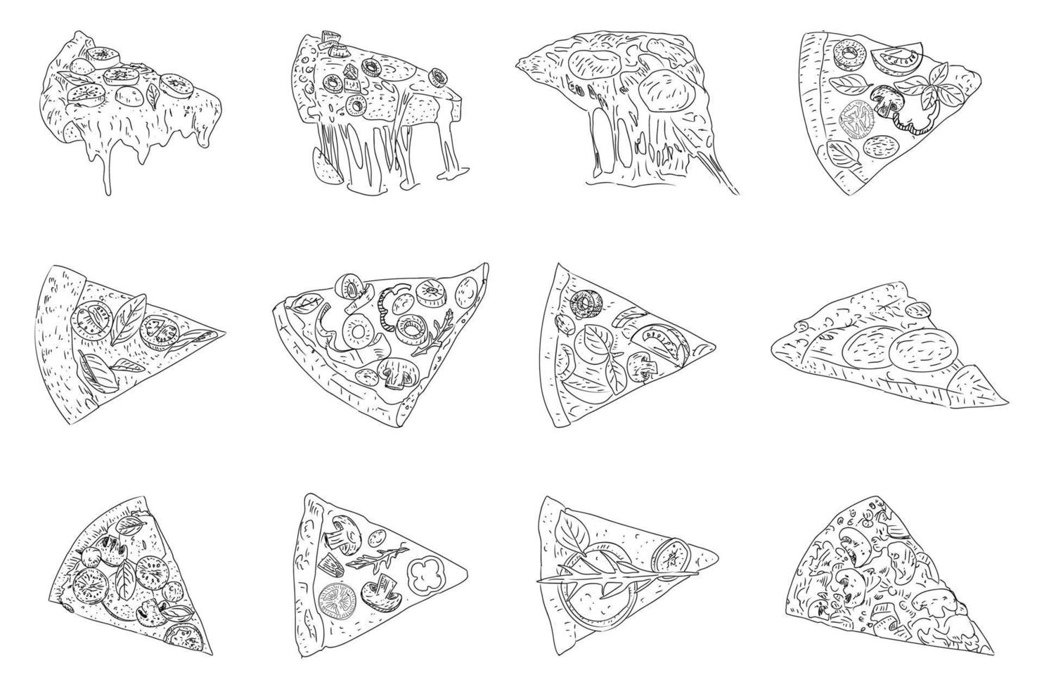 pizza set, skiss stil. toppvy. designmall. vektor