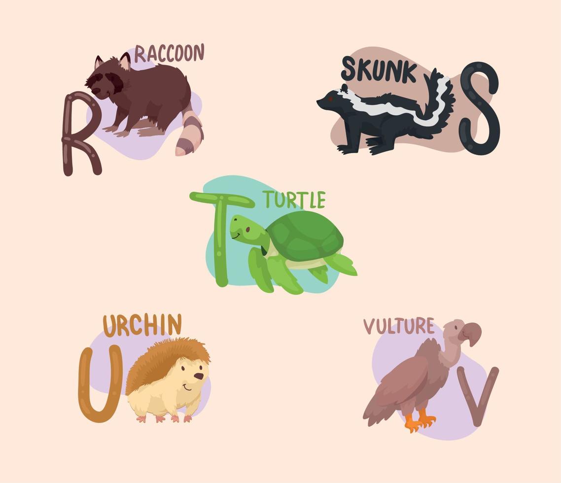 fem barn alfabetet djur vektor