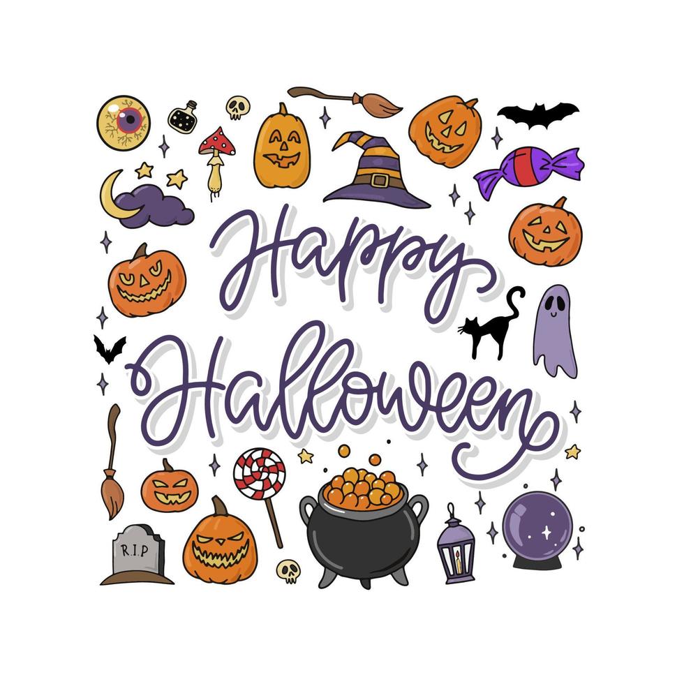 söta bokstäver citat "happy halloween" dekorerad med doodles på vit bakgrund. bra för affischer, gratulationskort, skyltar, tryck, inbjudningar, banderoller, etc. festlig inskription. eps 10 vektor