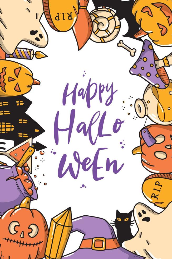 süßes handbeschriftungszitat 'happy halloween', verziert mit rahmen aus gekritzeln. gut für Kinderzimmer Poster, Drucke, Karten, Einladungen, Vorlagen usw. eps 10 vektor