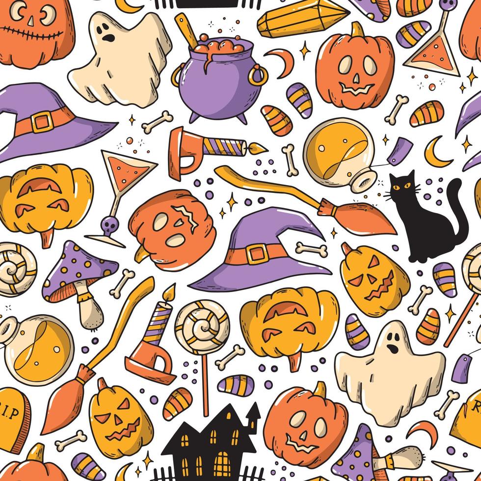 halloween sömlösa mönster med handritade doodles på vit bakgrund. omslagspapper, scrapbooking, textiltryck, tapeter, digitalt papper, sublimering etc. eps 10 vektor