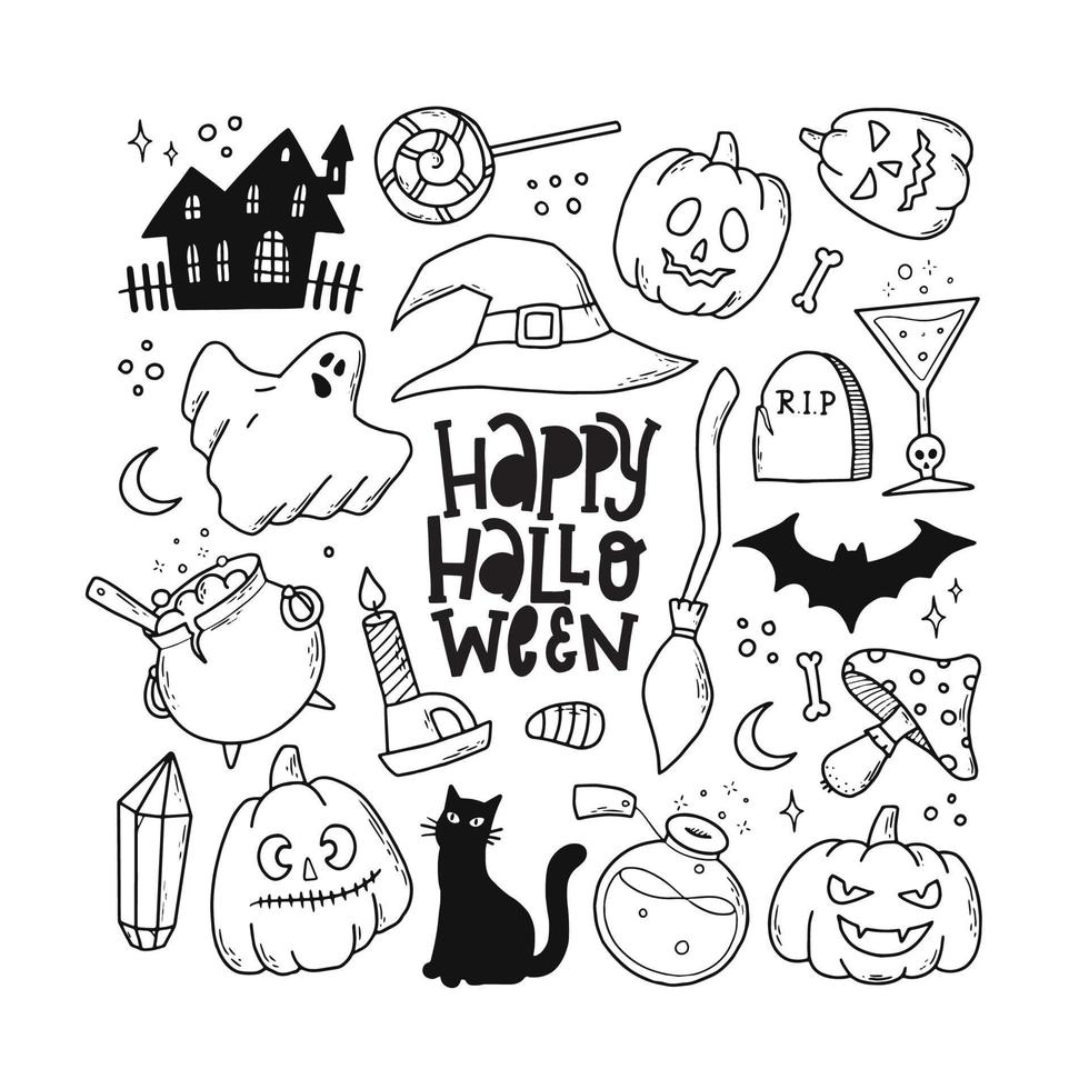 uppsättning halloween handritade doodles isolerad på vit bakgrund. bra för målarbok, ark, utskrifter, klistermärken, planerare, kort etc. eps 10 vektor